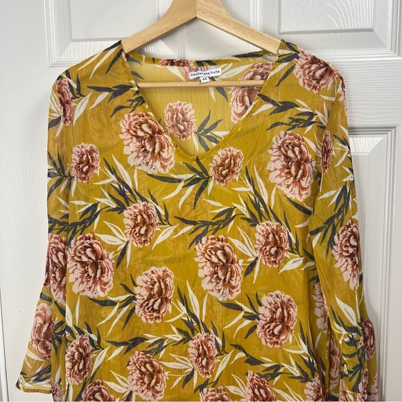Crosstree Lane Mustard Floral Print Sheer Tunic Blouse Women’s Medium - Picture 8 of 13